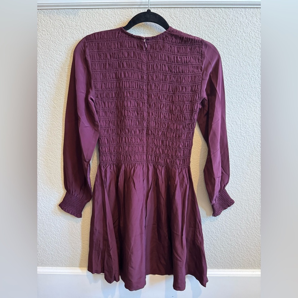 NWT Madewell Long-Sleeved Smocked Mini Dress Size XXS Dark Pomegranate - Picture 7 of 7